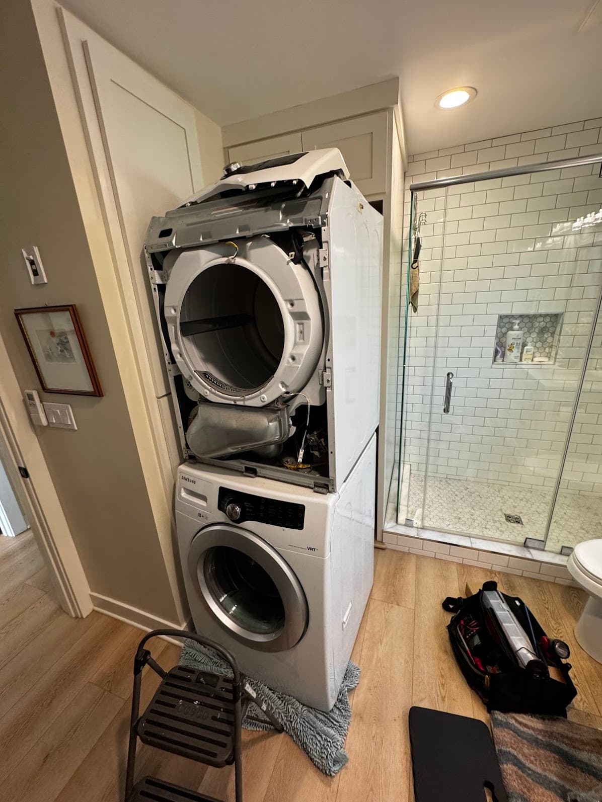 Samsung stacked dryer disassembled for repair